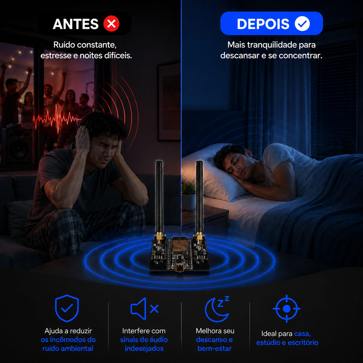 Antes: ruído constante e estresse. Depois: mais tranquilidade para descansar e se concentrar.
